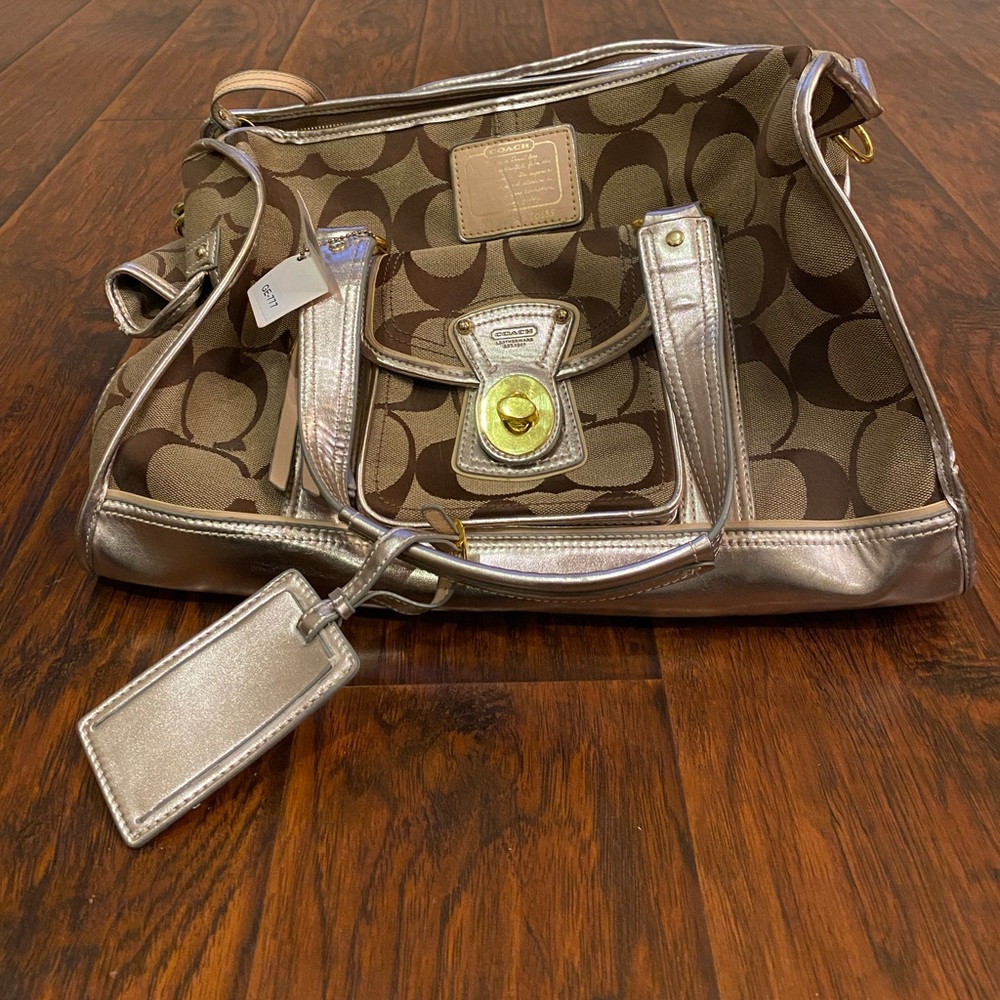 Iconic Coach Signature Khaki C Gold Metallic Trim Dog Pet Carrier Bag